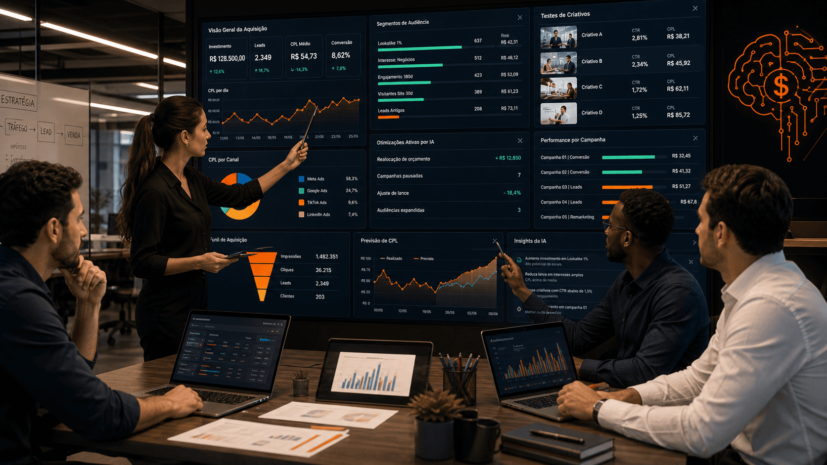 Análise de mercado com sinais de IA e aquisição digital.