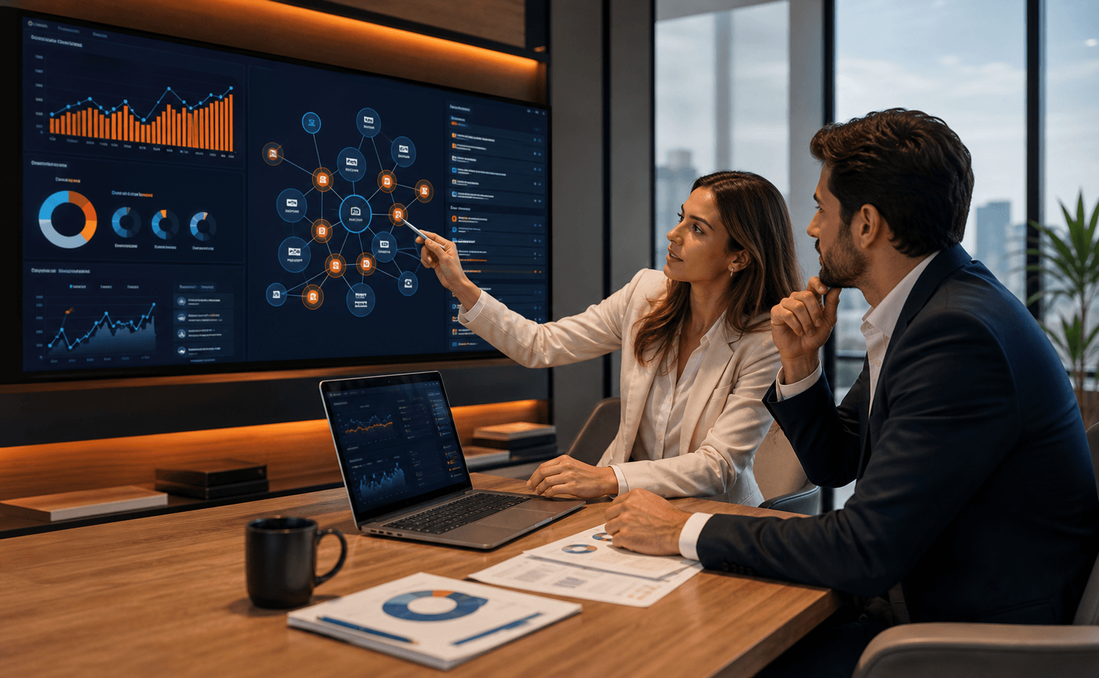 Executivo analisando dados de busca em painel moderno de SEO e GEO.
